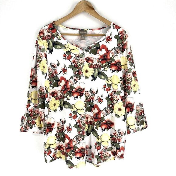 Chico's Tops - Chicos T Shirt Size 3 XL Womens White Red Gathered Floral Print Top Sweatheart